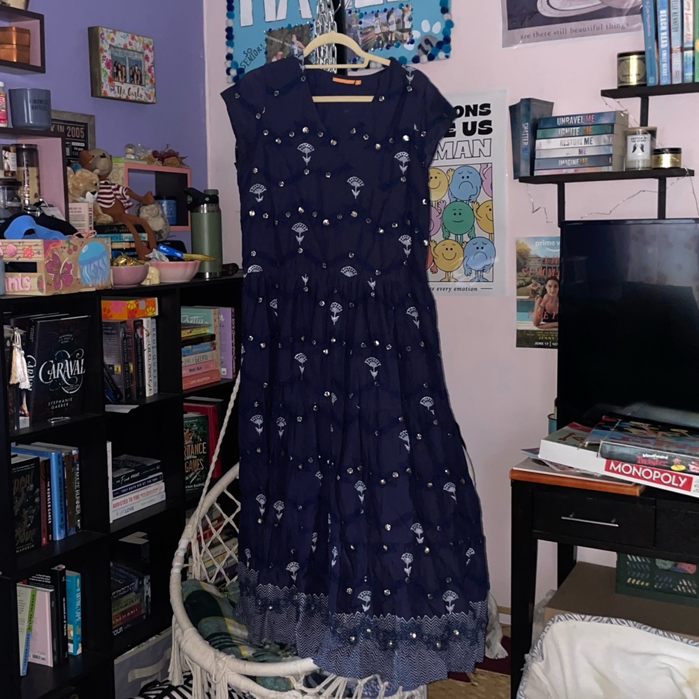 Oliphant Navy Dress with Floral Embroidery